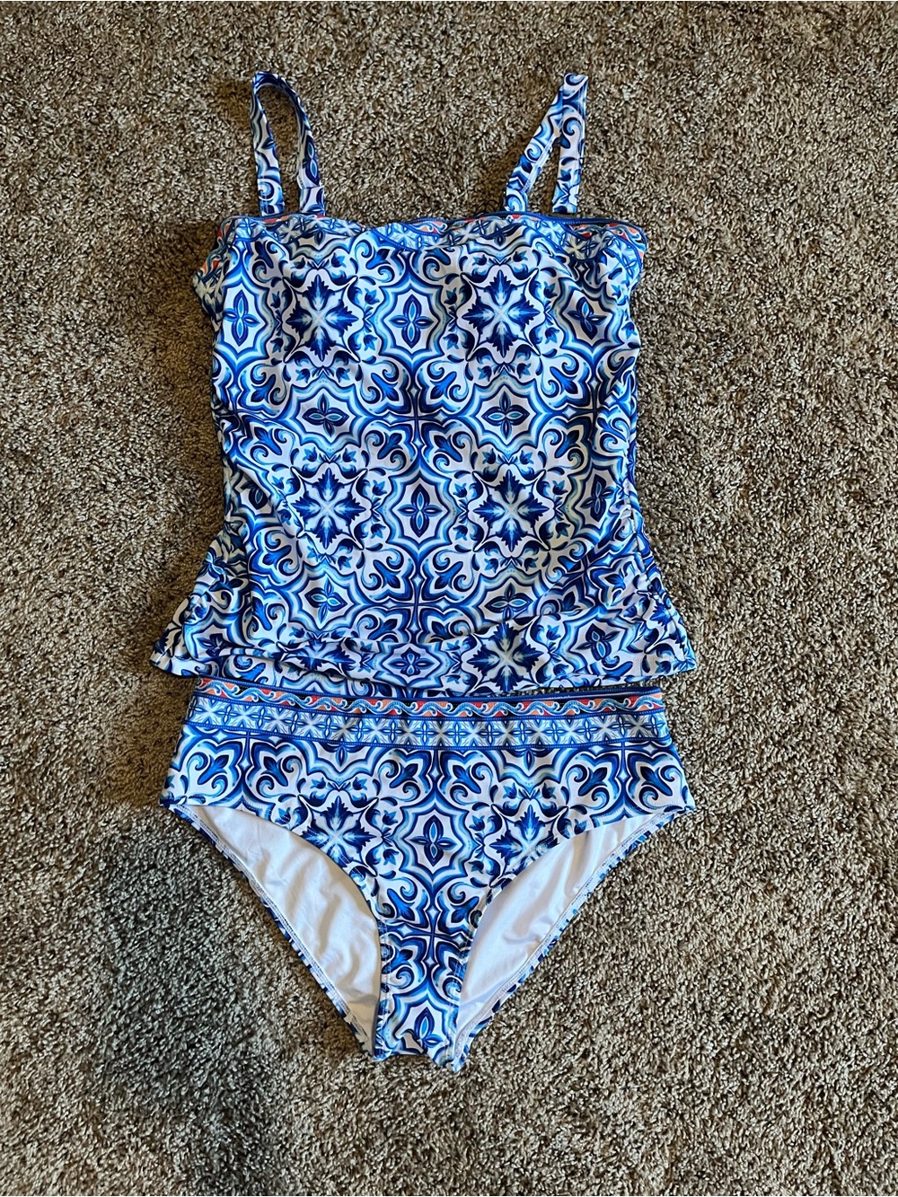 Zaful Blue & White Tile-Print Tankini Set with Adjustable Straps